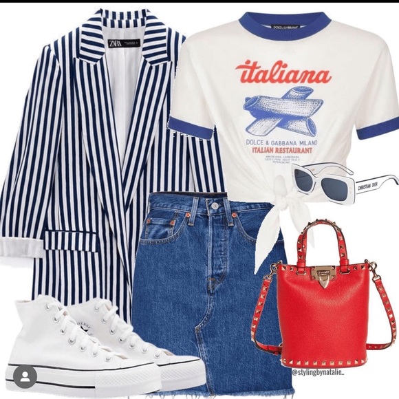 NWT ZARA STRIPED POCKETED BLAZER NAVY / WHITE | 7560/825 size Large - Picture 8 of 8